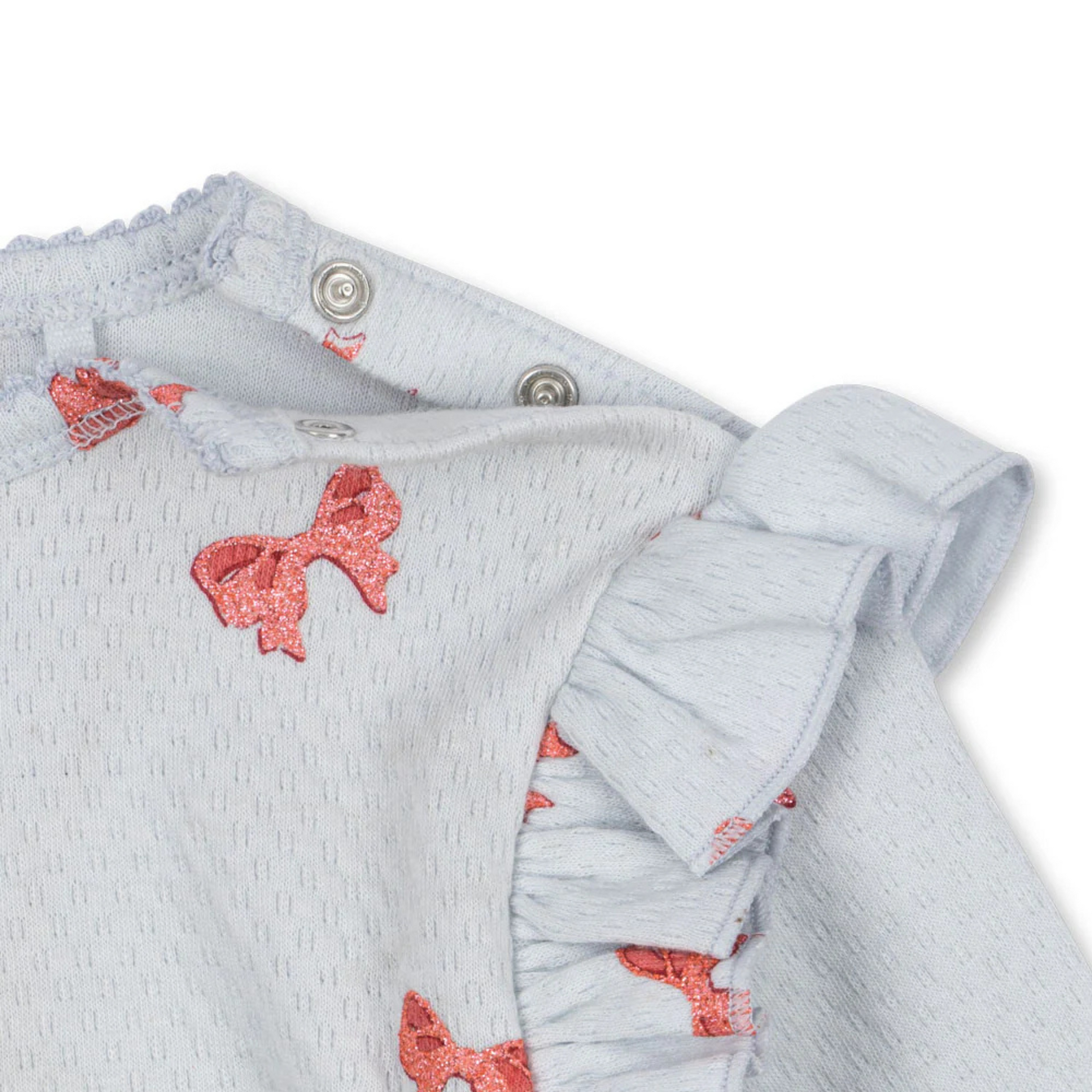 Bρεφικό κορμάκι με βολάν στους ώμους ρόζ φιόγκοι