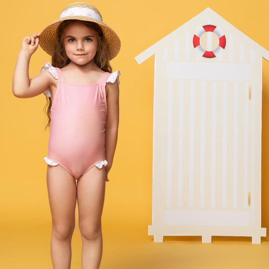 Girls one-piece swimsuit Coral Pink Square Neck Ruffles