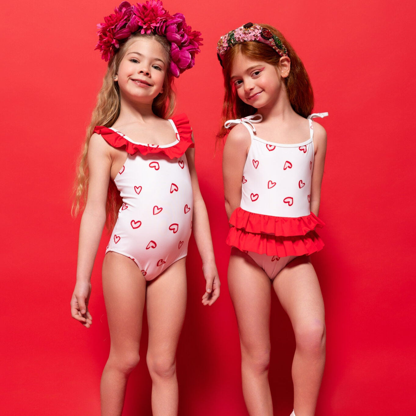 Girls One-Piece Swimsuit Hearts Round Neck