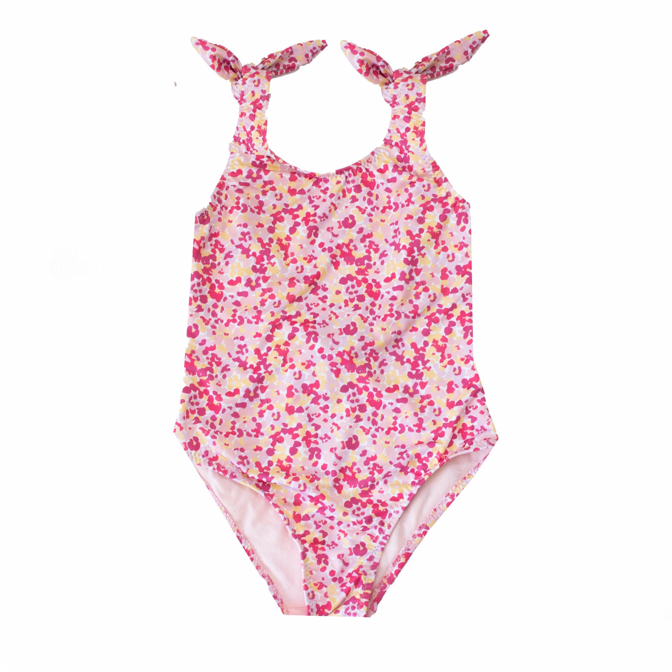 Girls one-piece swimsuit ribbons floral pink