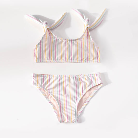 Girls striped ribbon bikini swimsuit