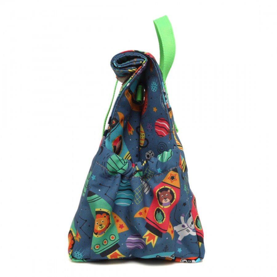 Space Rockets kids lunch bag with handle lime