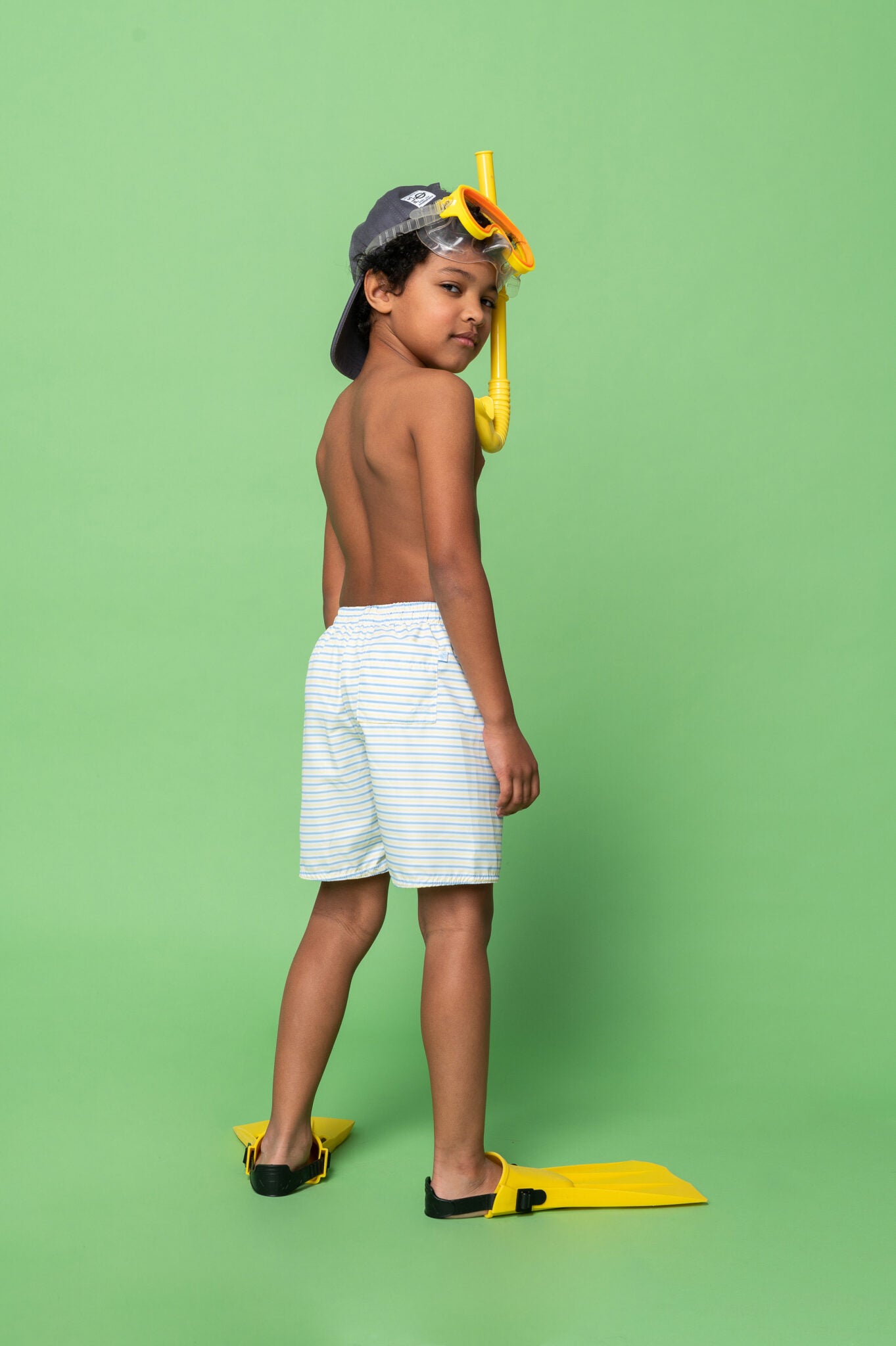 Boys swimsuit shorts with yellow and blue stripes