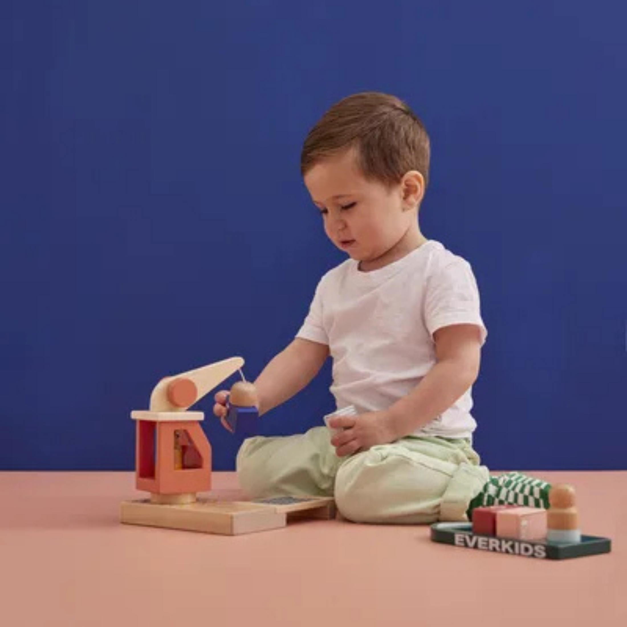 Children's wooden port toy with ship and crane