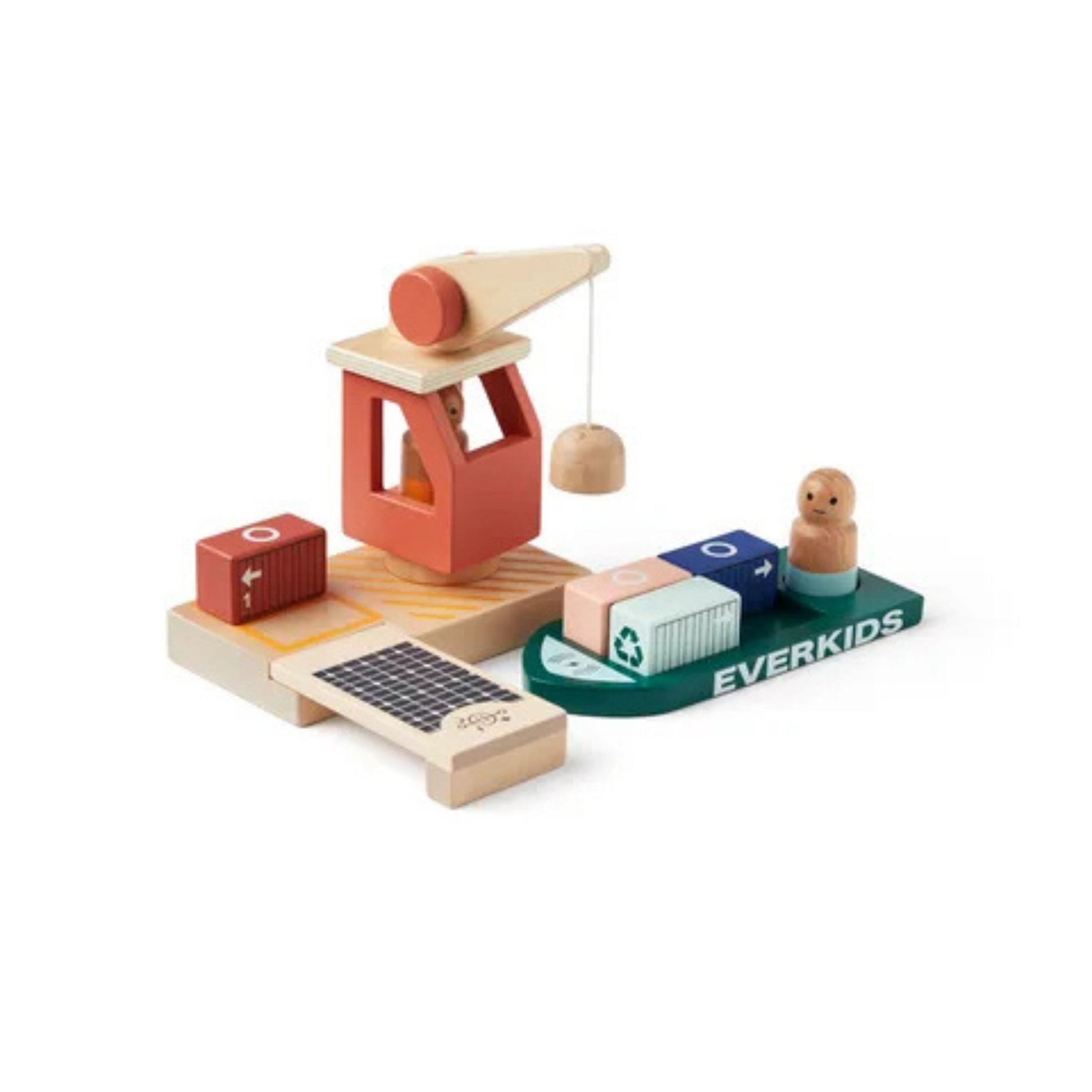 Children's wooden port toy with ship and crane