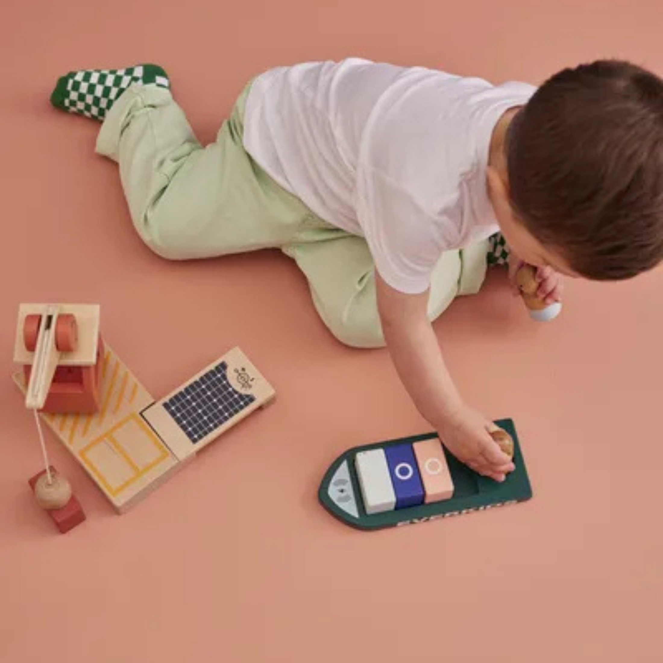 Children's wooden port toy with ship and crane