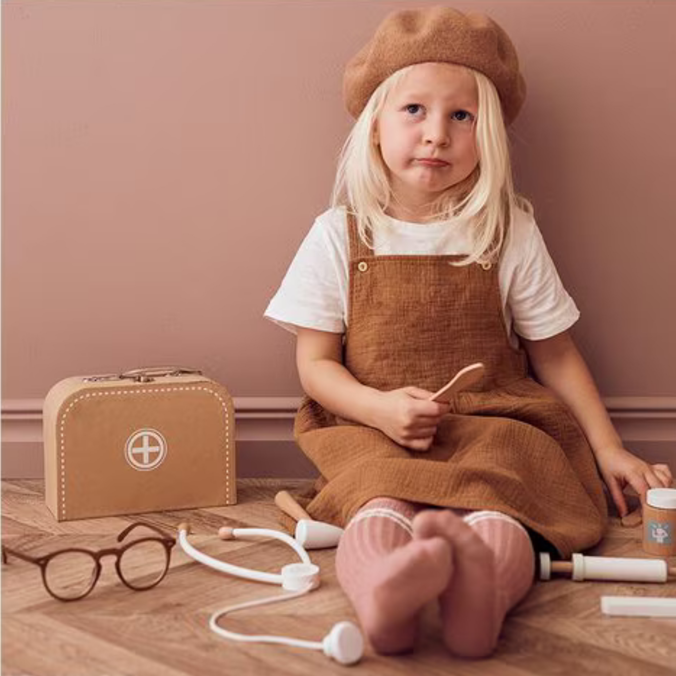 Children's wooden toy doctor's suitcase with tools (ochre)