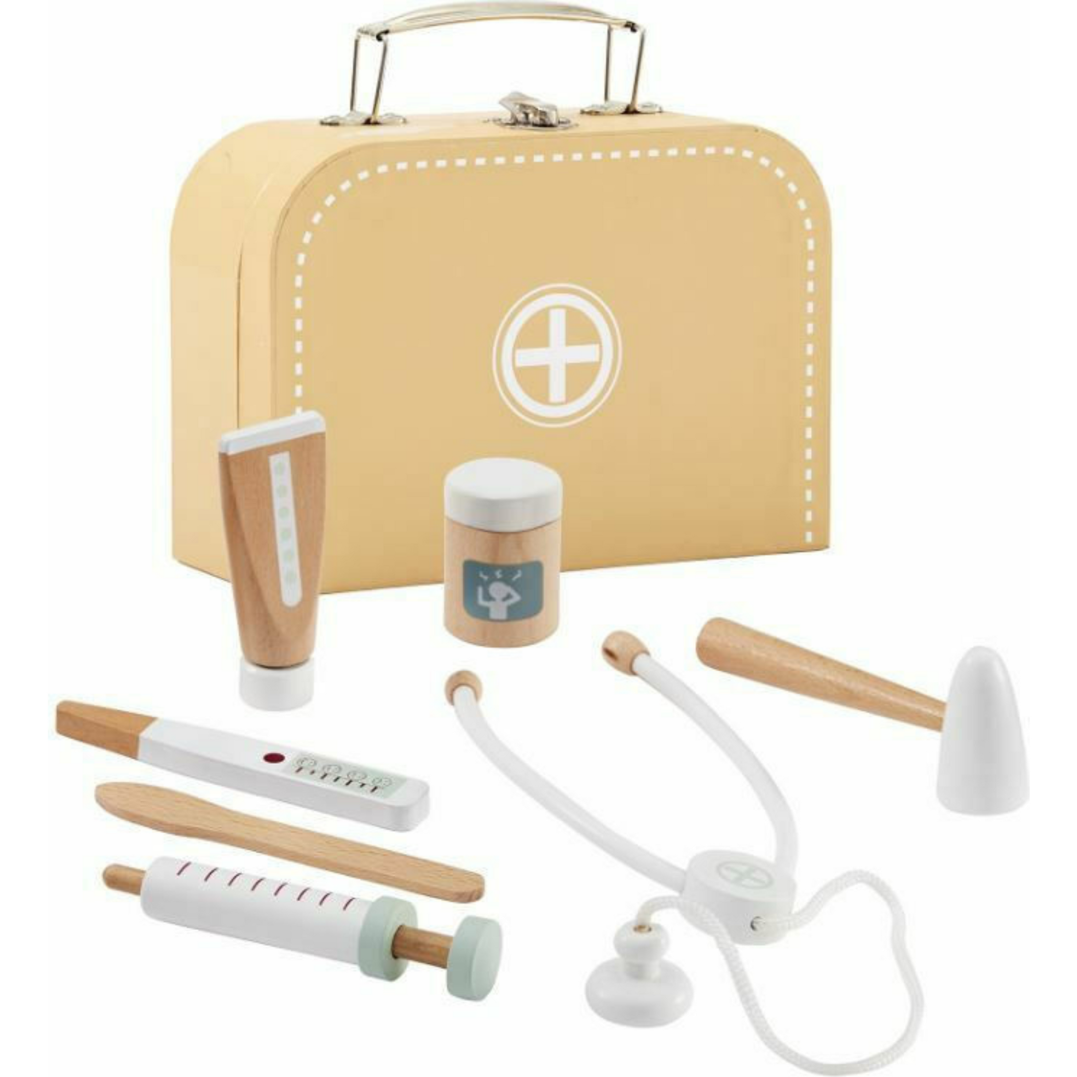 Children's wooden toy doctor's suitcase with tools (ochre)