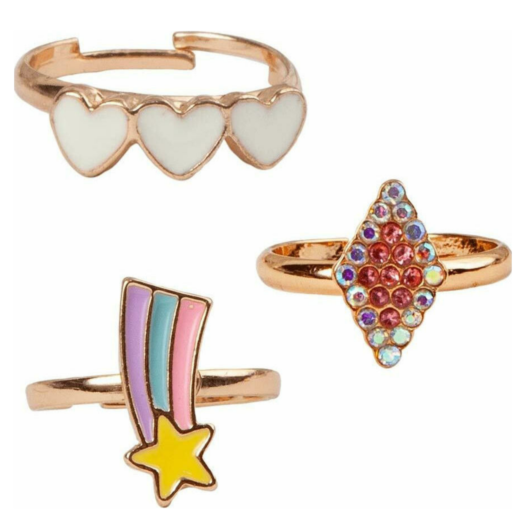 Girls set of 3 rings Hearts - Star