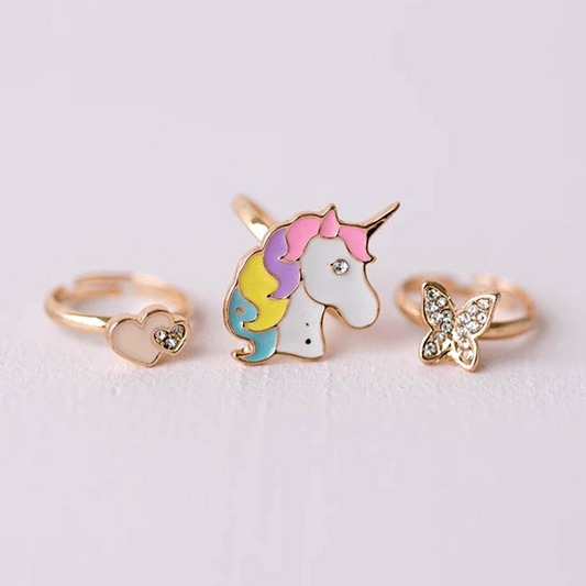 Girls set of 3 rings Unicorn-butterfly