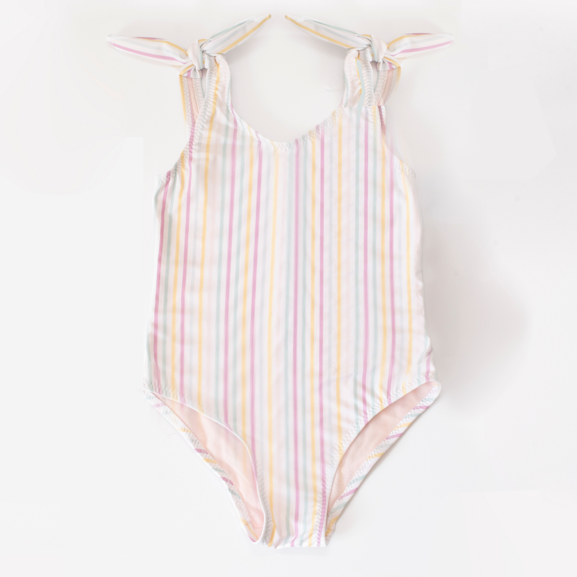 Girls one-piece swimsuit with striped ribbons