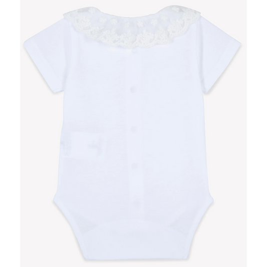 White baby jumpsuit with ruffle collar