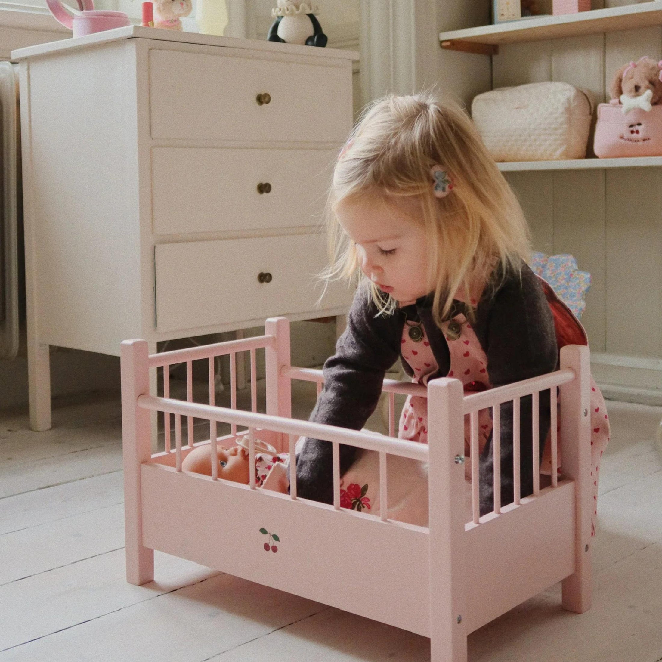 Παιδικό ξύλινο παιχνίδι ροζ κρεβάτι για κούκλες