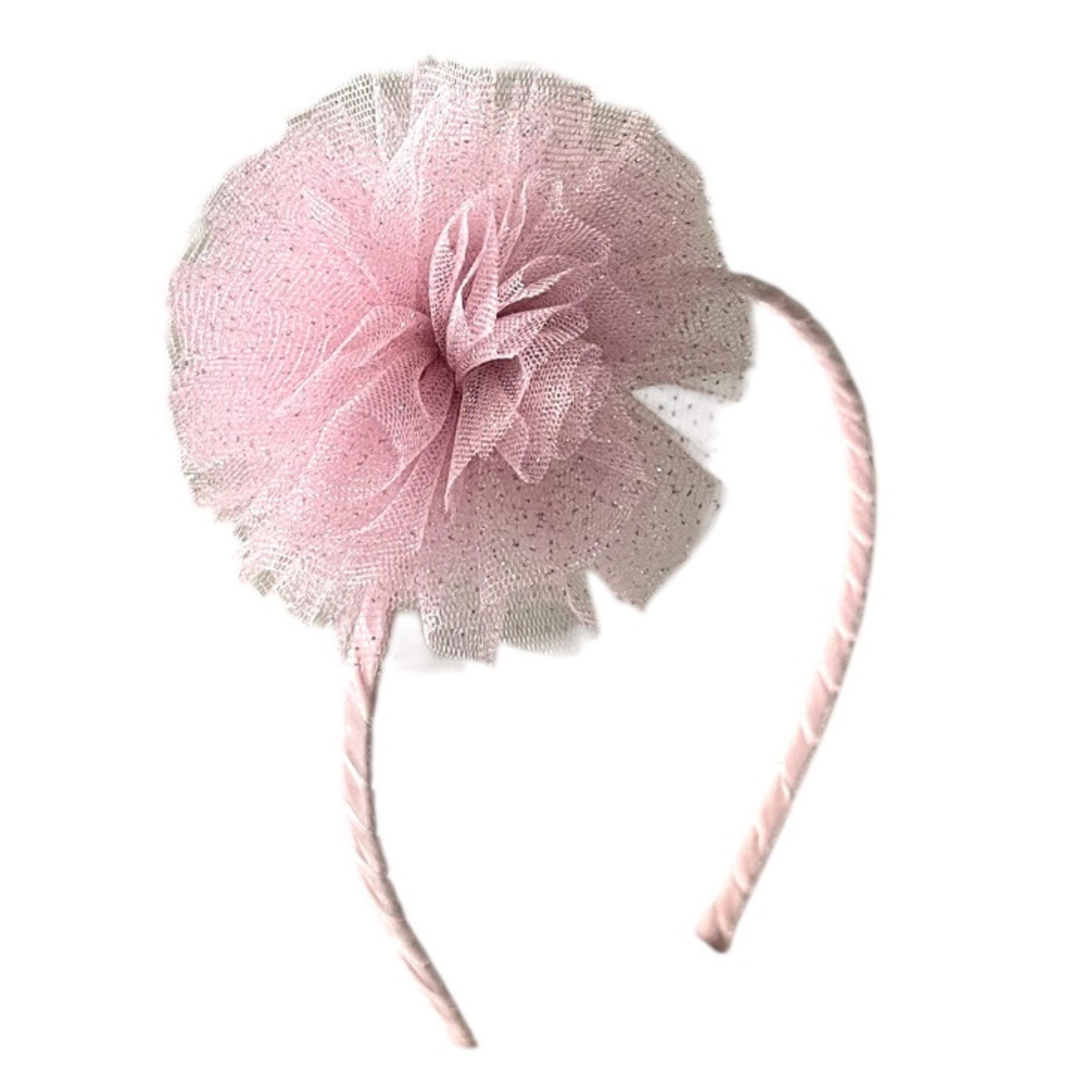 Παιδική στέκα μαλλιών pom pom με τούλι γκλίτερ Pink