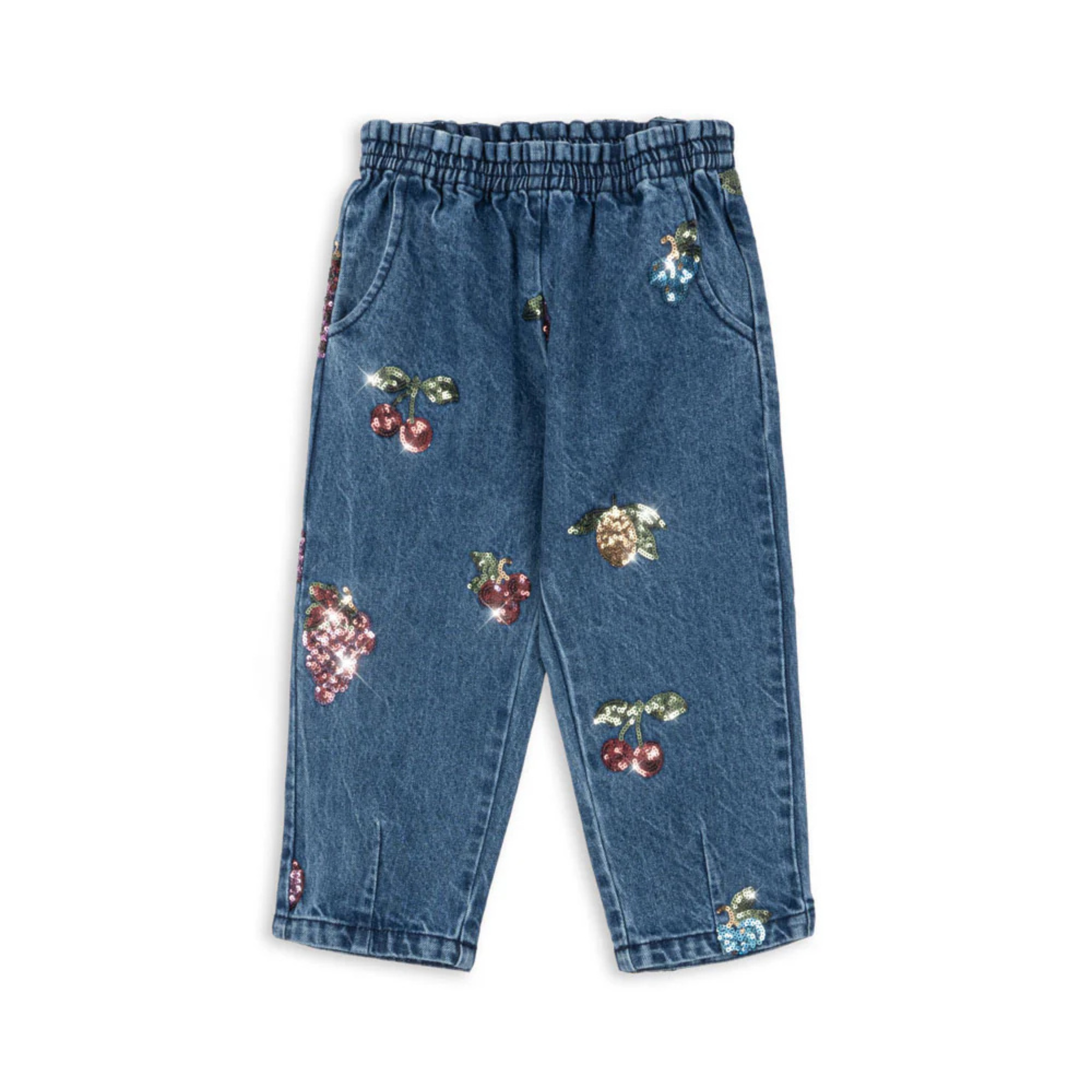 Παιδικό παντελόνι denim με παγιέτες σχέδιο φρούτων