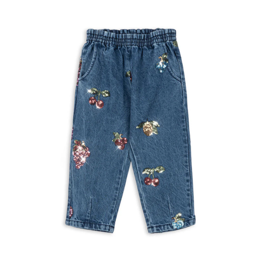 Παιδικό παντελόνι denim με παγιέτες σχέδιο φρούτων