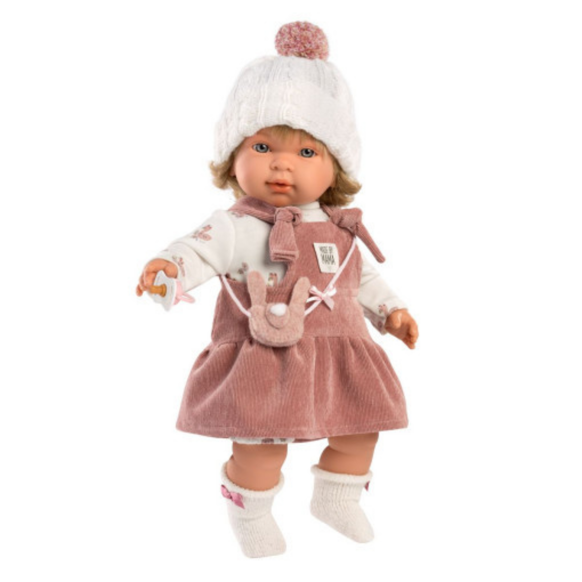 Handmade baby doll 42cm with pink overalls and knitted hat with pompom