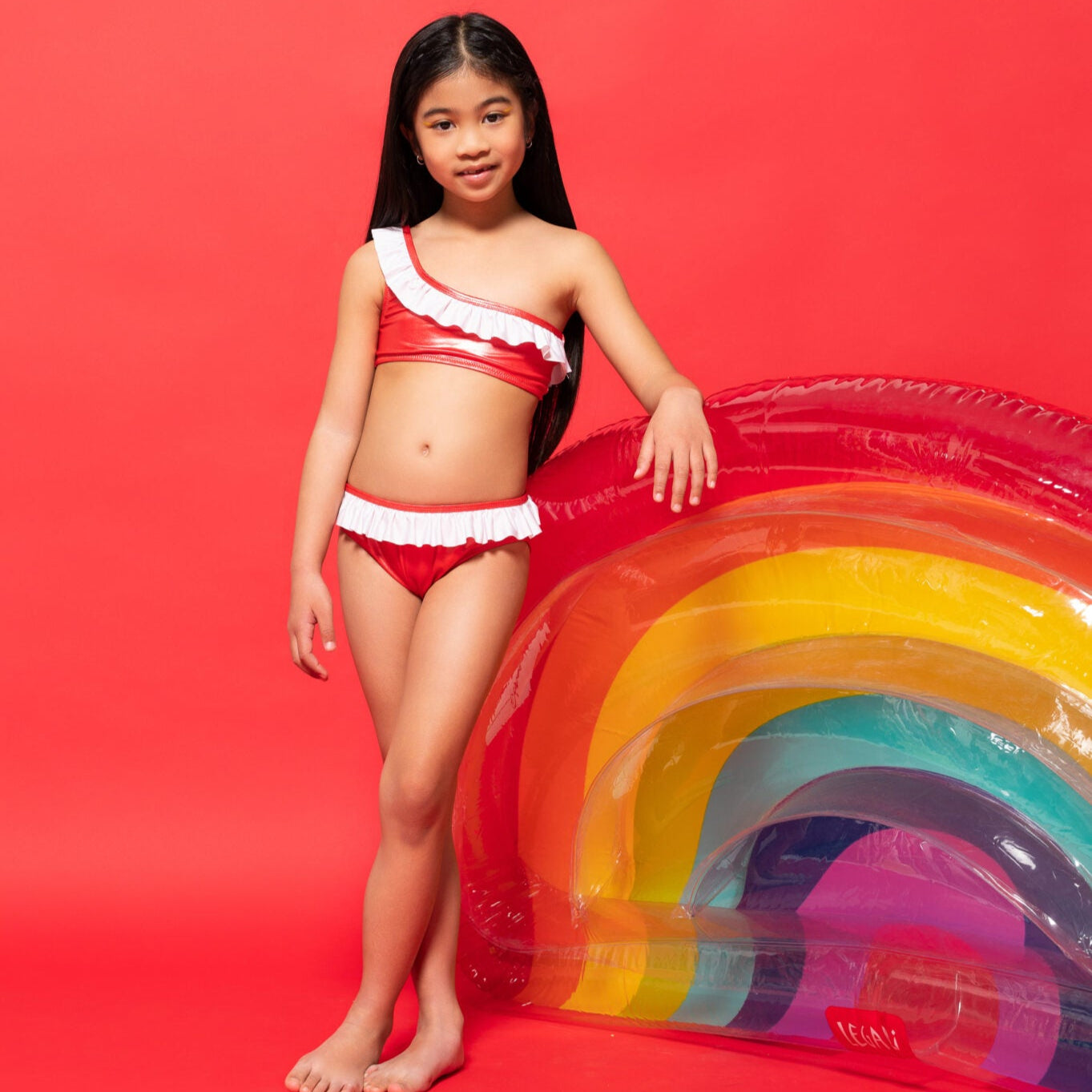 Girls One-Shoulder Swimsuit Satinato Red