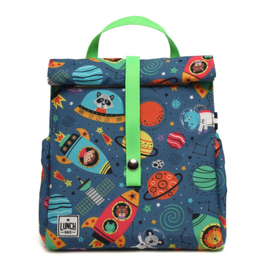 Space Rockets kids lunch bag with handle lime