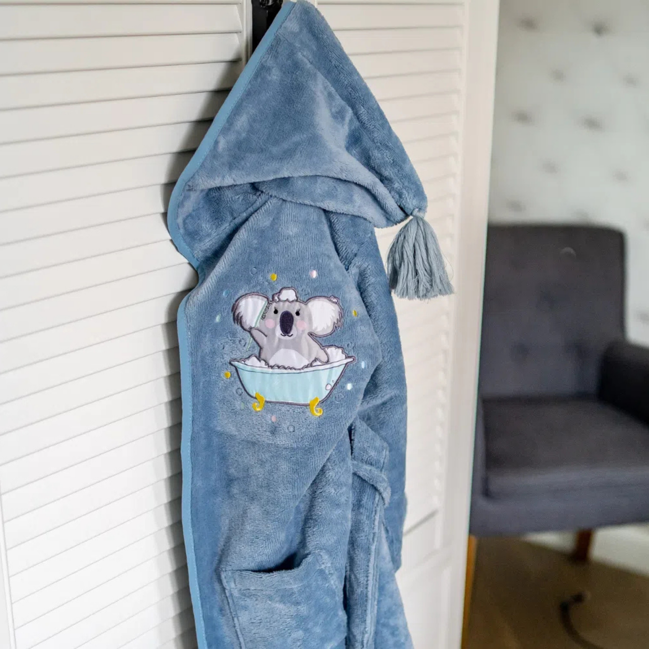 Children's bamboo bathrobe Dusty Blue Hello World