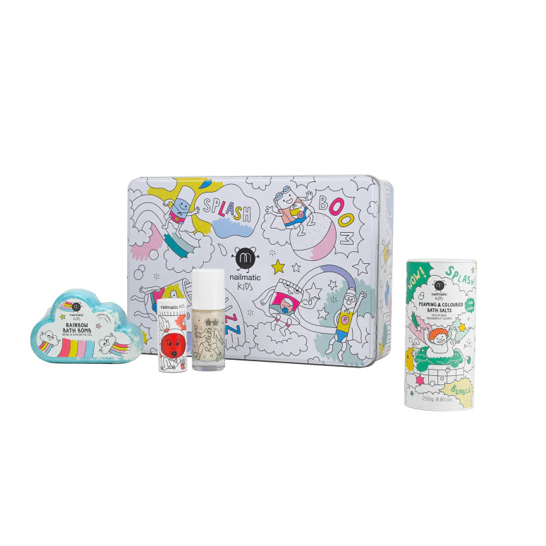 Children's set with Dori nail polish, Coco body glitter, Lagoon foaming salt, Rainbow bath bomb