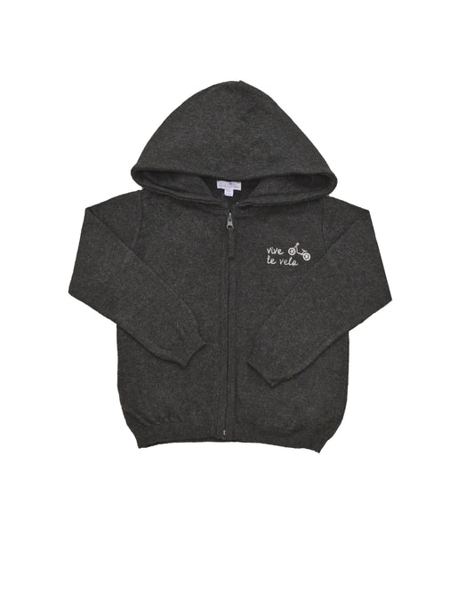 Kids woolen cardigan with hood, grey, vive le velo