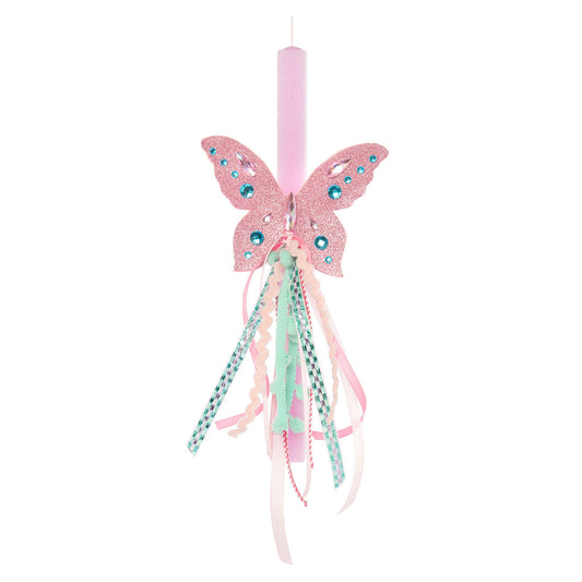 Παιδικό πασχαλινό ψάθινο καλάθι με λαμπάδα ροζ με πεταλούδα Jomalmi Kids