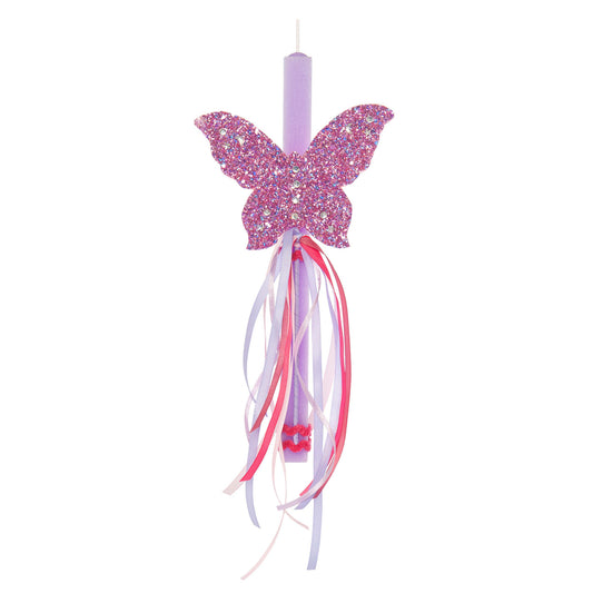 Παιδική πασχαλινή λαμπάδα λιλά με πεταλούδα & ψάθινο καλάθι Jomalmi Kids