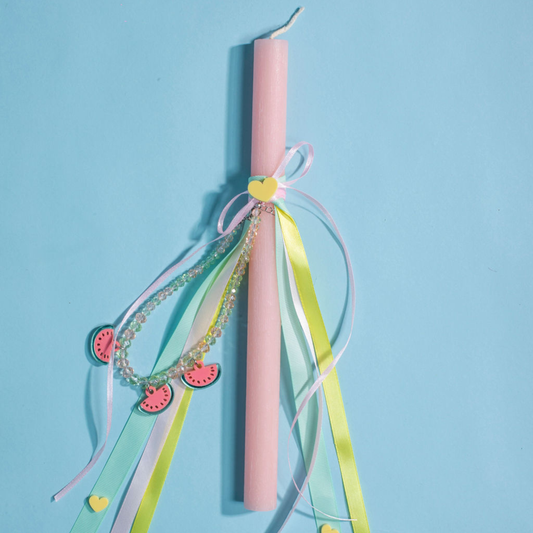 Παιδική πασχαλινή ροζ λαμπάδα με κολιέ Καρπούζια Perle d'Azur x Mini Cools