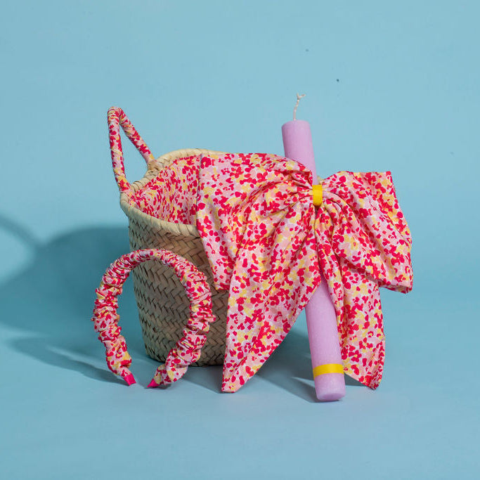 Παιδικό σετ ψάθινο καλάθι με πασχαλινή λαμπάδα Pink Floral Perle D'azur X Jomalmi Kids