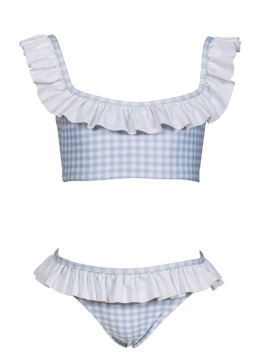 Girls Blue Gingham Ruffles Bikini Swimsuit