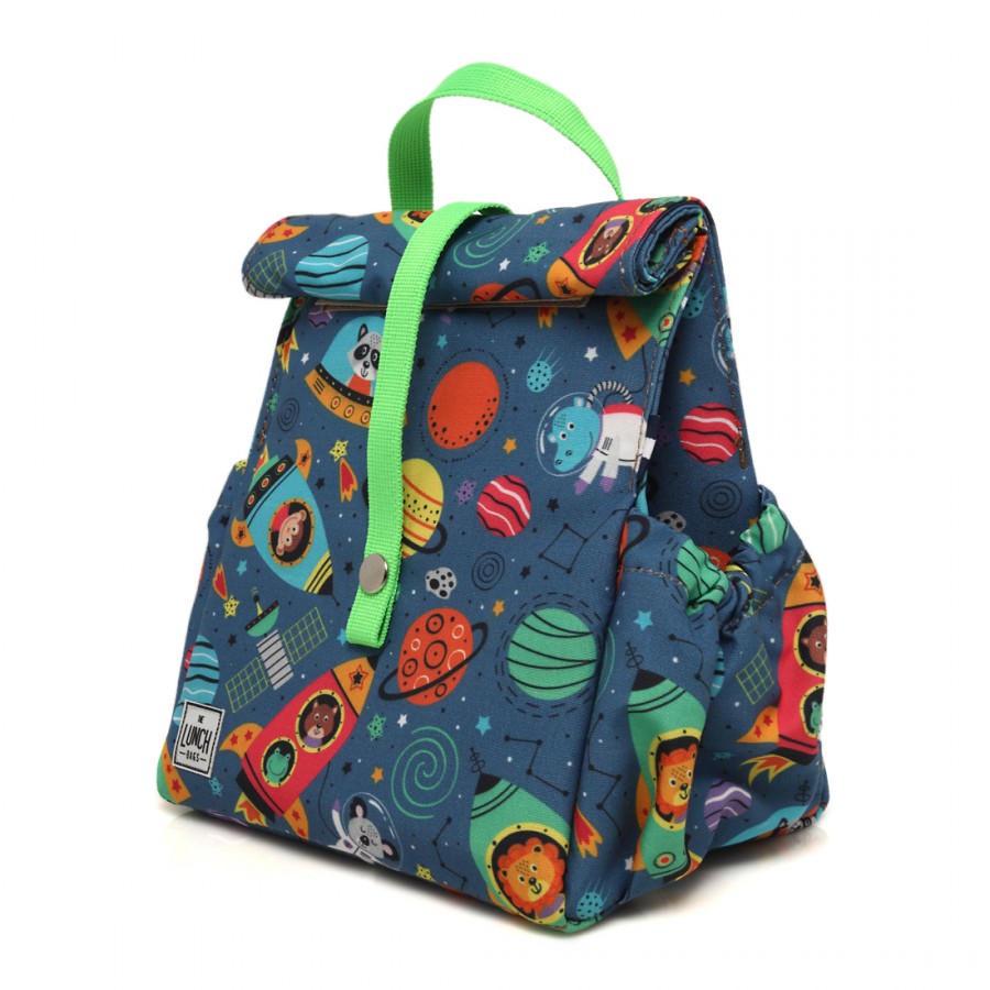 Space Rockets kids lunch bag with handle lime