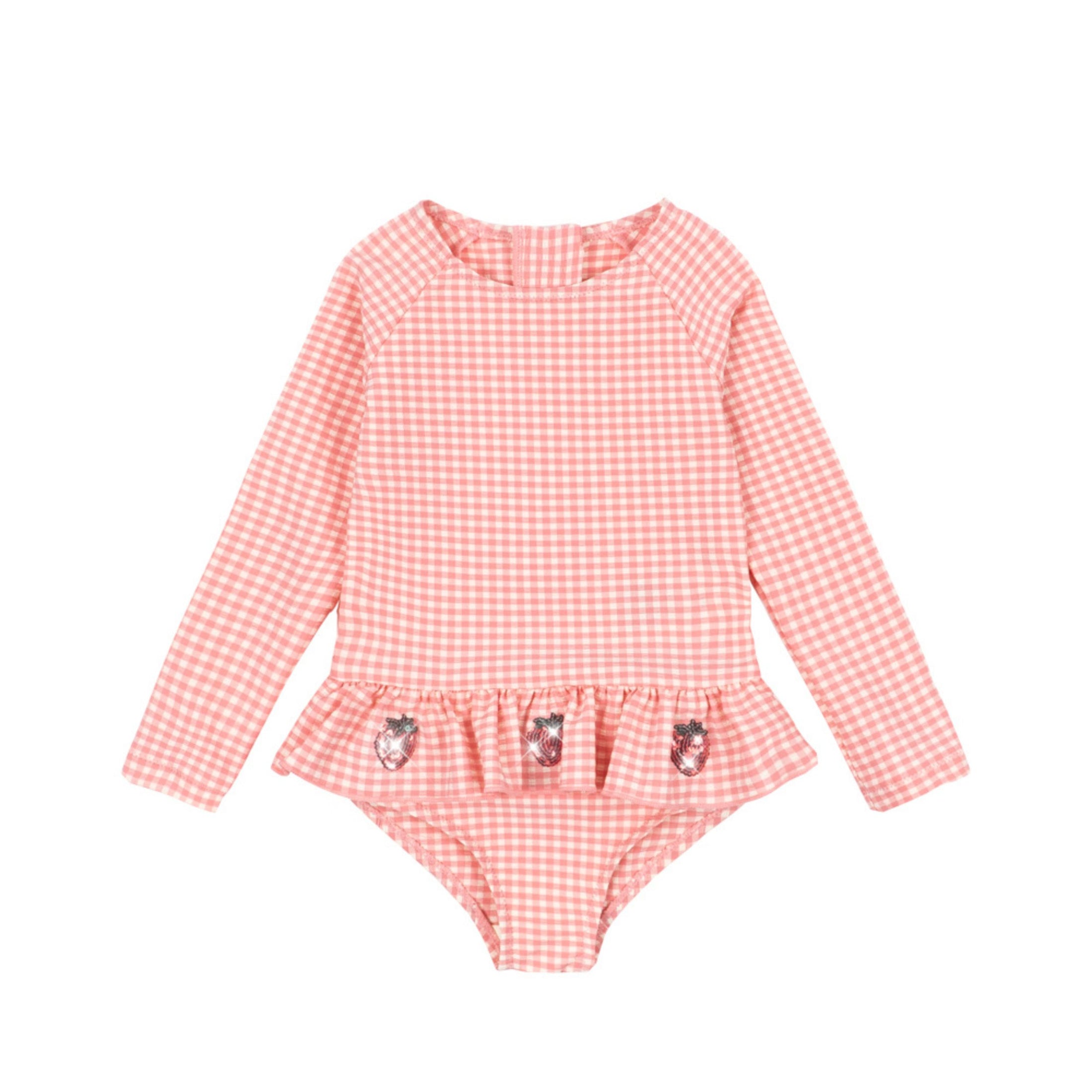 Βρεφικό ολόσωμο μαγιό καρό UV40 με βολάν & φραουλίτσες Konges Slojd