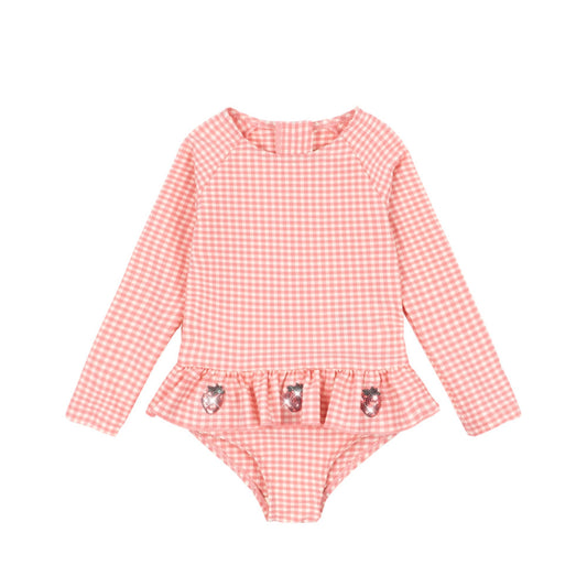 Βρεφικό ολόσωμο μαγιό καρό UV40 με βολάν & φραουλίτσες Konges Slojd