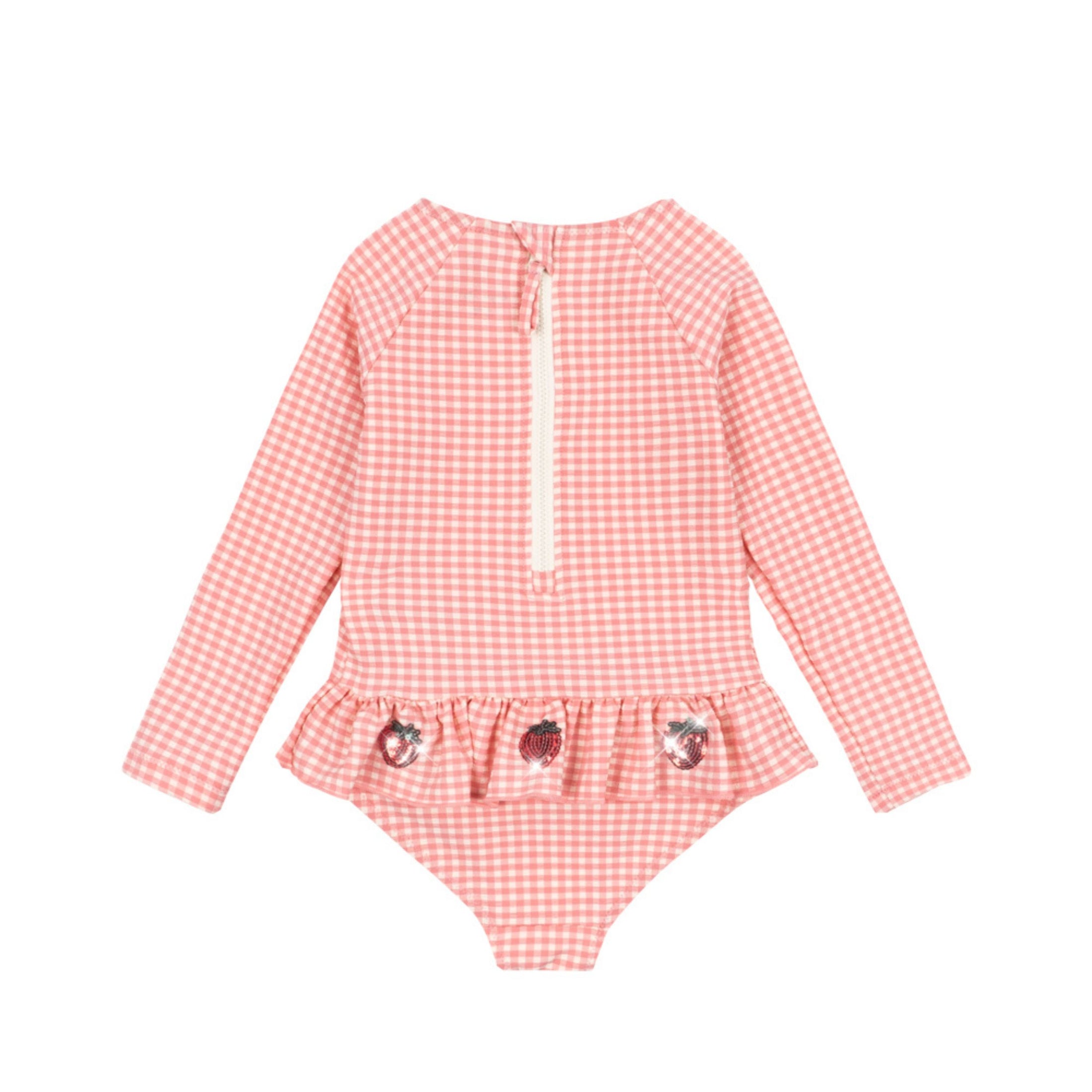 Βρεφικό ολόσωμο μαγιό καρό UV40 με βολάν & φραουλίτσες Konges Slojd