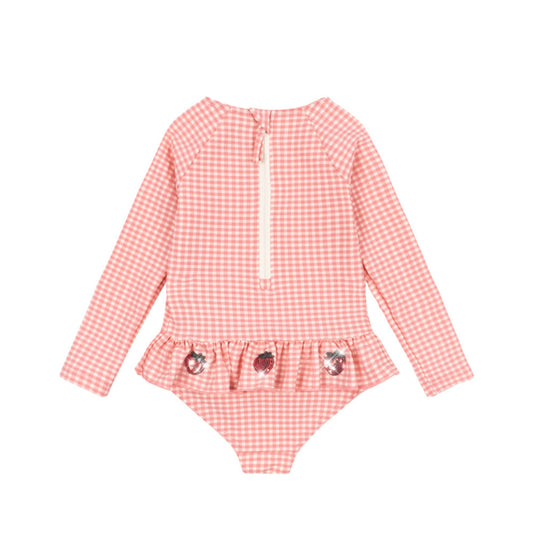 Βρεφικό ολόσωμο μαγιό καρό UV40 με βολάν & φραουλίτσες Konges Slojd