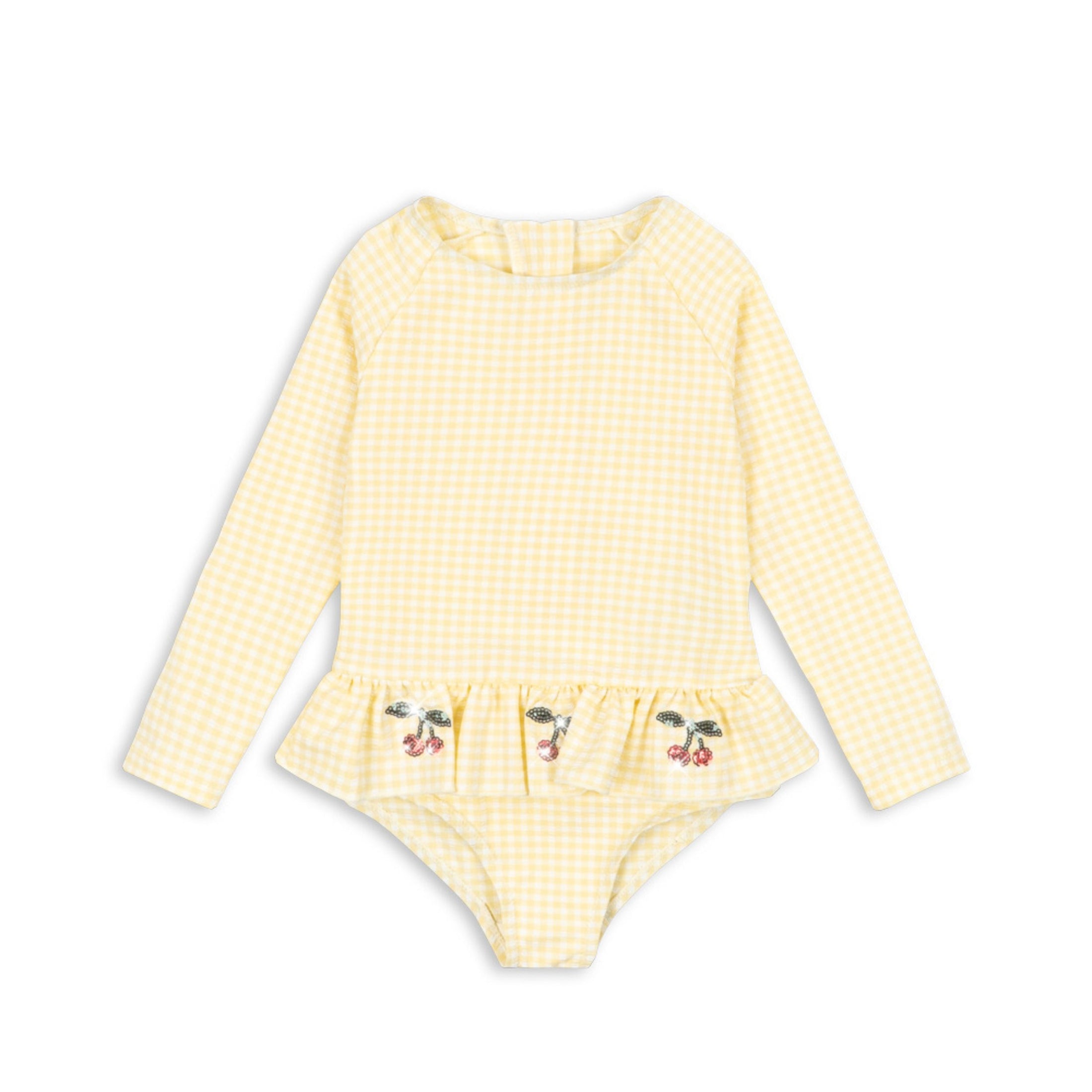 Βρεφικό ολόσωμο μαγιό καρό UV40 με βολάν & κερασάκια Konges Slojd