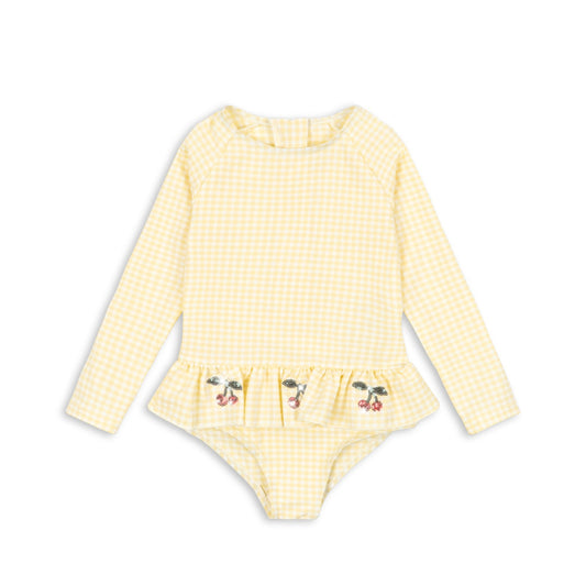 Βρεφικό ολόσωμο μαγιό καρό UV40 με βολάν & κερασάκια Konges Slojd