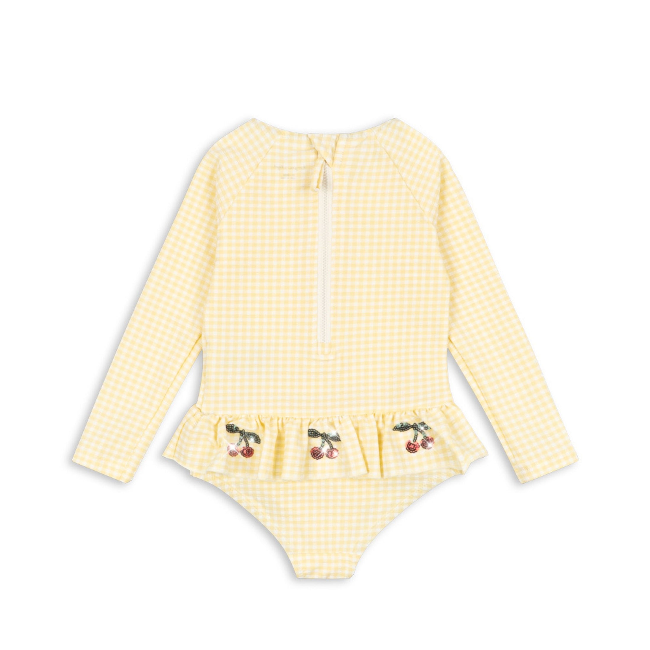 Βρεφικό ολόσωμο μαγιό καρό UV40 με βολάν & κερασάκια Konges Slojd