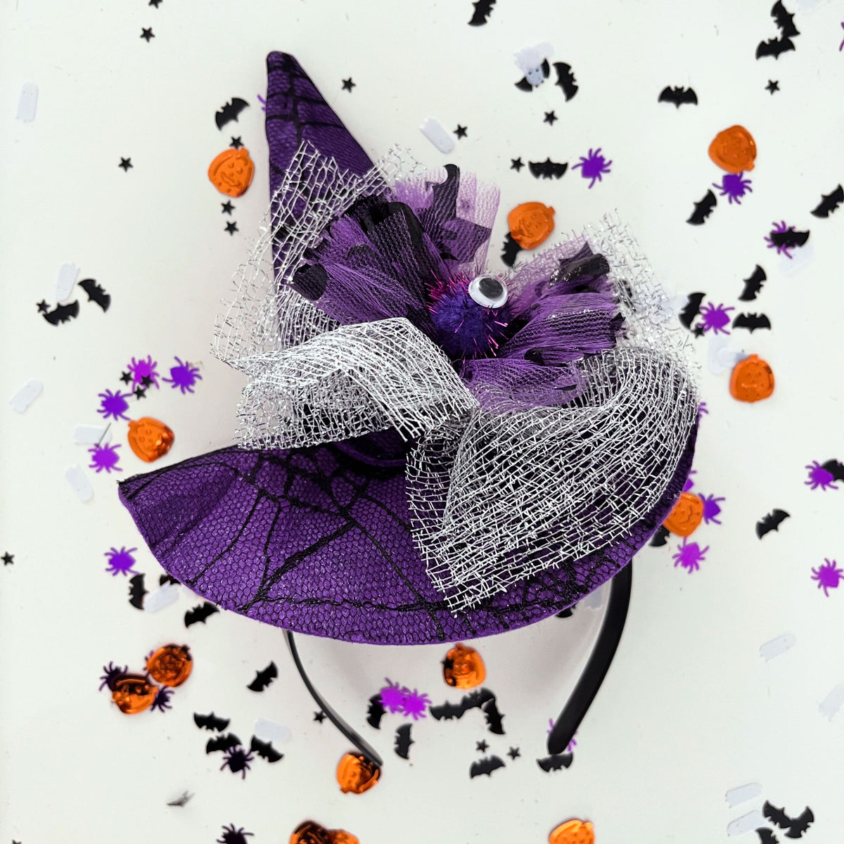 Παιδική στέκα μαλλιών Halloween καπέλο μάγισσας με ιστό μωβ Jomalmi Kids